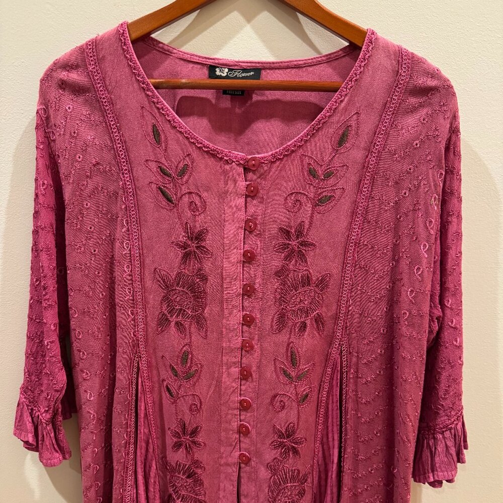 Vintage 1990s Embroidered Floral Boho Blouse-Tunic – Free Size - Maroon (L/XL)